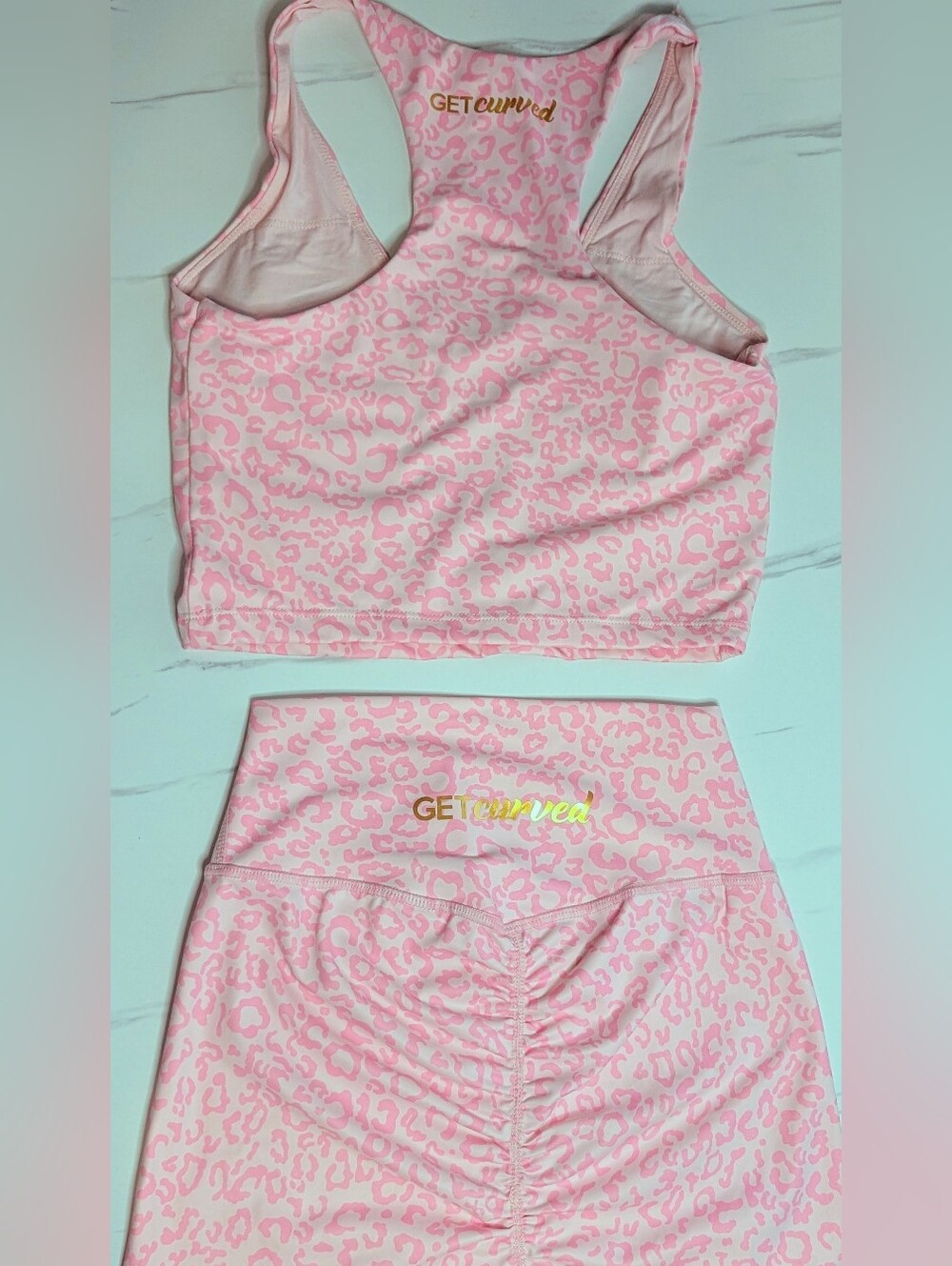 GET Curved Pink Leopard Sports Bra /Biker Scrunch Shorts Set Size S